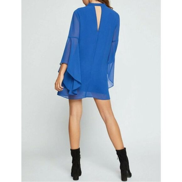 BCBGeneration Sz S NECK TIE A-LINE DRESS FLUTTER SLEEVE CHIFFON DRESS BLUE - Picture 3 of 13